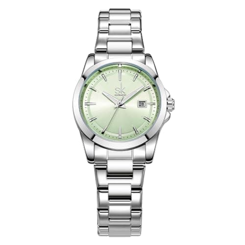 Image of SHENGKE Minimalist Quartz Watches for Women with Date Stainless Steel Bracelet and Fashionable Color Dial (Silver-Green)