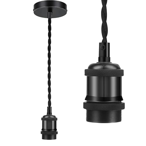 Image of Licperron Vintage Pendant Light Fitting Kit, Black Braided Flex Ceiling Lamp, E27 Light Fitting Kit - Black. 1pack