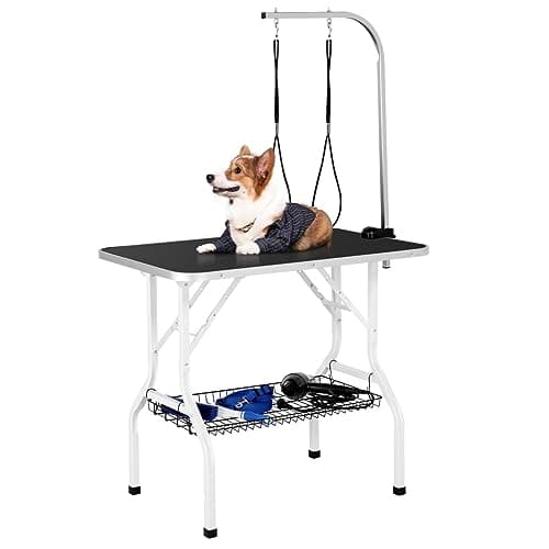 Image of Yaheetech Foldable Dog Grooming Table 36'' Height Adjustable Pet Grooming Table w/Tool Shelf for Small/Medium Dogs/Cats Texture Groomer�s Table w/2 Loops, Black
