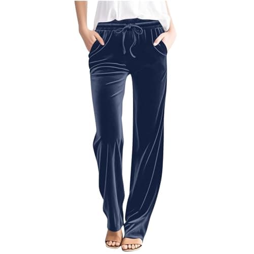 Image of Velvet Trousers Womens Straight Leg Drawstring Elasticated Waist Trousers Solid Color Lounge Long Pants Comfy Loose Casual Walking Pants Full Length Bottoms with Pockets Navy