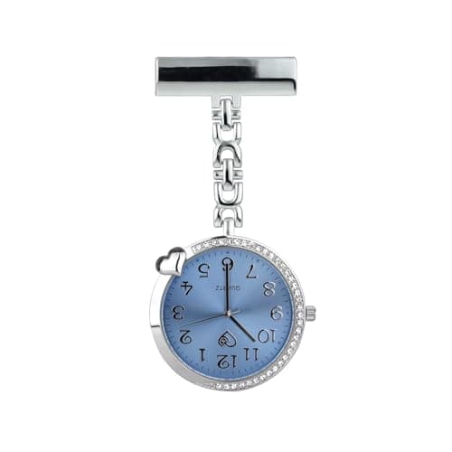 Image of Caduceus Silver and Blue Nurse Fob Watch – Personalised Clip-on Lapel Watch – Heart Dial, Pin-on Design for Nurses & Medical Staff – Ideal Nursing Gift for Women