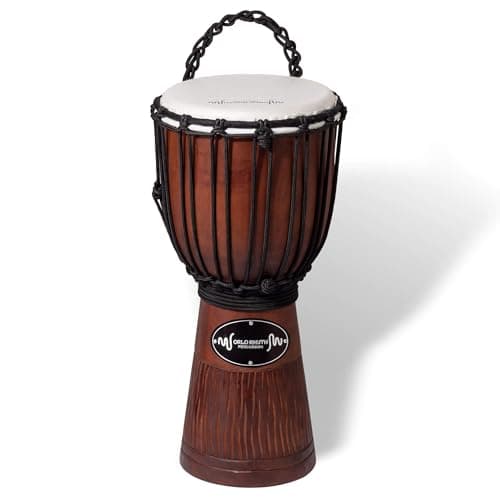 Image of World Rhythm Djembe Drum 40cm (16”) with 8” Synthetic Head – Rope-Tuned Hand-Carved African-Style Drum for Performers, Drum Circles, Schools, Group Workshops