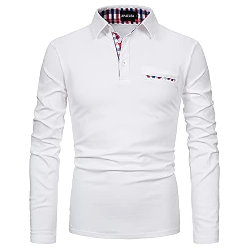 Image of APAELEA Men's Long Sleeve Polo Shirt Casual Rugby Shirts with Plaid Down Collar,White,L