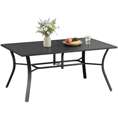 Image of LIFERUN 160 x 96cm Garden Table with Adjustable Parasol Hole, Outdoor Dining Table for 6 People, Rustproof Steel Frame, Rectangular Slatted Metal Table for Backyard Patio Terrace