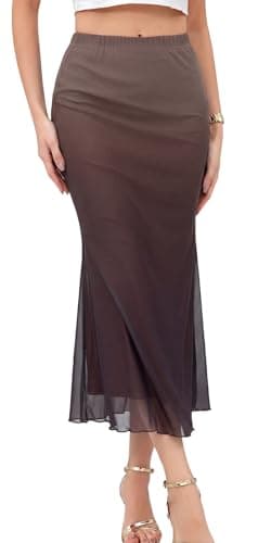 Image of Genfien Women Skirts Elastic High Waist Midi Skirt Mesh Summer Elegant Fishtail Hem See-Through Soft Lining Beach Bodycon Party Skirt Brown