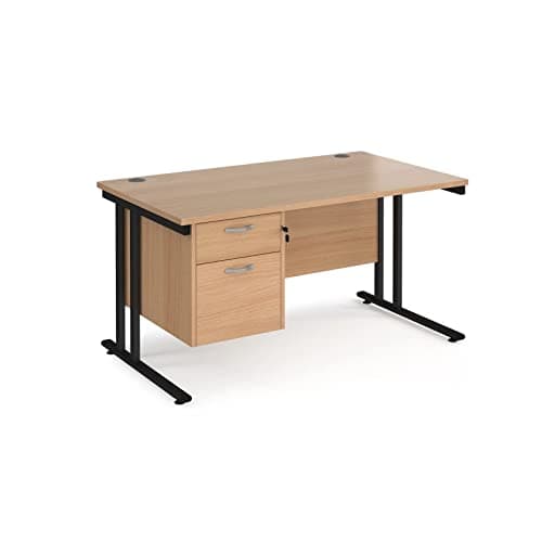 Image of Maestro 25 Rectangle Desk 800 mm Deep with Single 2 Drawer Fixed Pedestal & Black Cantilever Leg, Beech, 140 cm