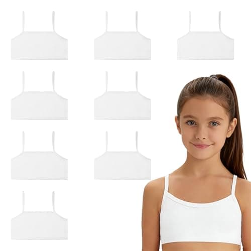 Image of Solbrezeni 8 Pack Girls Bra, Crop Tops for Girls, Soft Comfortable Cotton Sports Bra for Kids Teens Ages 8-12, Non-Padded White Crop Top, Training First Bras