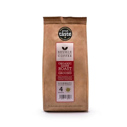 Image of Organic Rwanda Ground Coffee - Award Winning Dark Roast by Source Climate Change Coffee– Single Origin 100% Arabica – Well Rounded Citrus Highlights & Caramel Sweetness, Freshly Roasted 227g bag