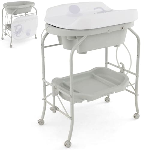Image of Maxmass 4-in-1 Baby Changing Table, Portable Infant Diaper Care Station with PVC Pad, Bath Tub, Storage Tray and Lockable Wheels, Folding Newborn Dresser Nappy Changer (Light Grey)