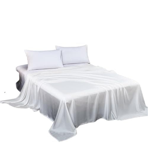 Image of LUKYWANG Ice Silk Bed Linen, Natural Mulberry Silk Flat Sheet, Plain Colour Bed Sheet, King Size Bed Sheet, Textile Sheet for the Home Satin Fitted Sheet (White, 160 x 230 cm)