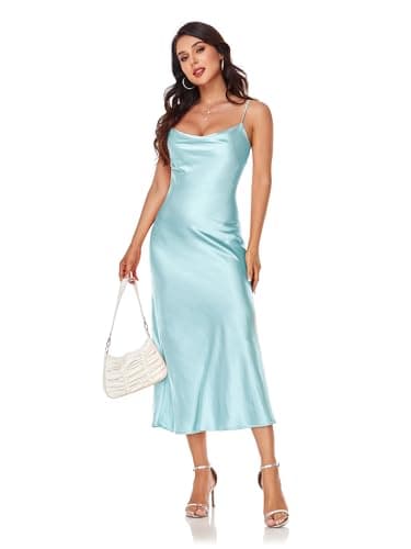 Image of SITELUOYG Women's Spaghetti Strap Midi Satin Silk Dresses Slip Cowl Neck Party Cocktail Evening Sexy Dress, Light Sky Blue, L