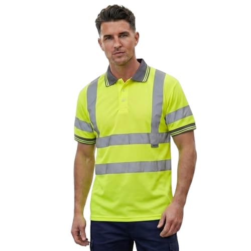 Image of Hi Vis Polo Shirt - High Visibility Safety Workwear with Reflective Stripes T Shirt, Available in Long Sleeve and Short Sleeve Work Top for Men and Women- (Short Sleeve Yellow 4XL)
