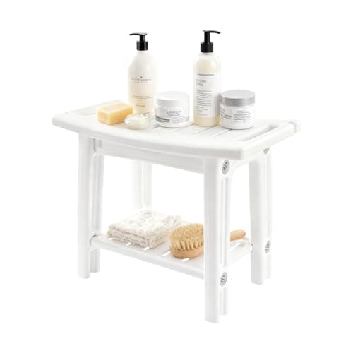 Image of BLUE BAZAAR Shower Bench 2-Tier Bathroom Stool Footstool Plastic Shower Stool with Handles Portable Waterproof for Inside Shower, Bathroom,Living Room, Bedroom (White)