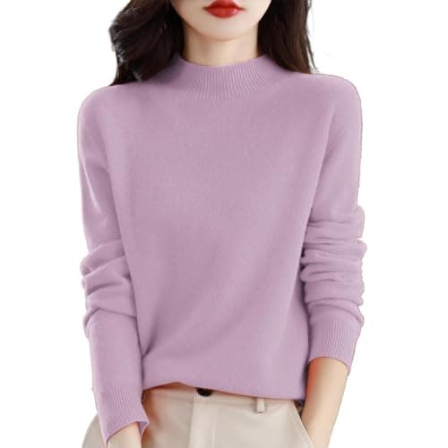 Image of Chunky Knitting Patterns Cashmere Jumpers for Women Ladies Semi Turtleneck Knitted Sweater Long Sleeve Solid Color Pullover with A Base Shirt Autumn and Winter Thick Warm Loose Sweaters Light Purple