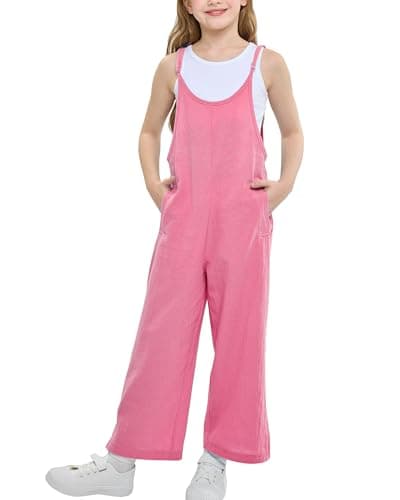 Image of Rolanko Girls Jumpsuit Adjustable Spaghetti Strap Loose Overalls Rompers, Cotton Baggy Plain Playsuits with Pockets for Age 5-12 Years, Pink, Size: 8-9 Years, 140