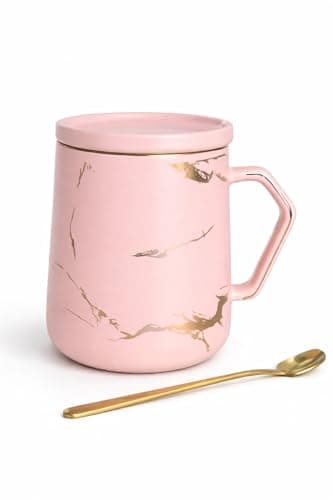 Image of SUBLIX Marble Effect Coffee Mug Set with Lid & Gold Spoon – Black & White Ceramic Cups, 350ml, Luxury Tea Mug Gift Set for Couples (1, Pink)
