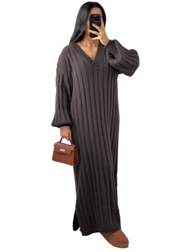 Image of Hamishkane® Womens Rib Knitted Dress, Long Balloon Sleeve V Neck Maxi Dress, Longline Side Split Dress, Casual Knitted Jumper Dress, Winter Maxi Dresses for Women UK