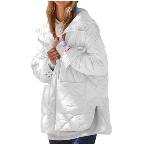 Image of ANHATUIV Winter Jackets for Women Uk Womens Quilted Puffer Jacket Hooded Long Sleeve Zip Up Winter Coat Lightweight Warm Jackets With Pockets for Workout/Everday White M