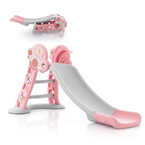 Image of COSTWAY 3 in 1 Large Kids First Slide, Toddler Climber Slide Set with Basketball Hoop, Small Basketball & Safe Buffer Zone, Indoor Outdoor Freestanding Slider Playset Baby Playground (Pink)
