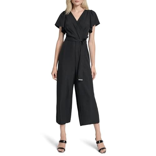 Image of DKNY Womens Short Flutter Sleeves Surplice Neck Wide Leg Belted Jumpsuit, Black, 18