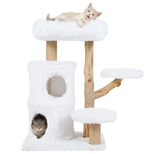 Image of COSTWAY Wooden Cat Tree, Multi-Layer Cats Tower with Jute Scratching Posts & Top Perch, Modern Cat Activity Center for Indoor Cats Kittens (59 x 48.5 x 93cm, White)