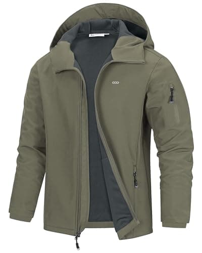 Image of 33,000ft Men's Waterproof Warm Softshell Jacket Lightweight Fleece Lining Jackets Hooded Rain Coat Windbreaker for Walking Hiking Olive Green L