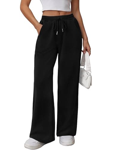 Image of Litherday Jogging Bottoms for Women Plain Sweatpants with Pockets Cotton Lounge Wear Adjustable Elastic Waistband Wide Leg Trousers for Women UK Black M
