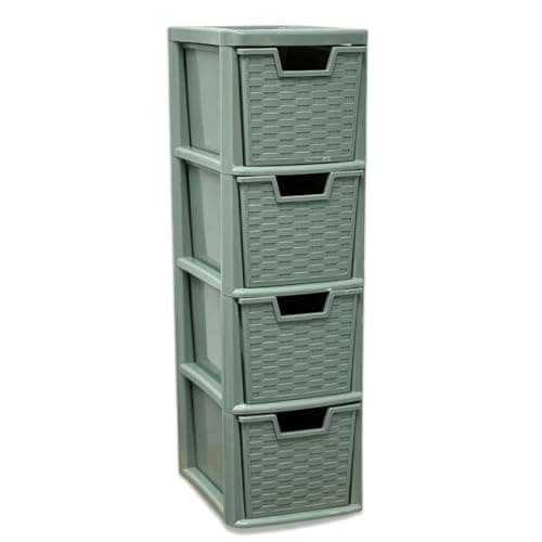 Image of PD - 4 Tier Plastic Rattan Medium Drawer Unit - Storage Cabinet Chest of Drawers for Bedroom, Kitchen, Living Room - Utility Organiser Freestanding Drawer Tower Unit (Rattan Sage Green, 4 Tier)