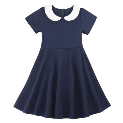 Image of BINIDUCKLING Girls Dress Short Sleeve Kids Casual Peter Pan Collar Fit and Flare Skater Party Dress for Navy 11-12 Years