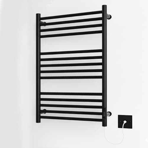 Image of Greened House Black Electric Heated Towel Rail 600mm W x 720mm H with Built in Timer Matt Black Energy Efficient