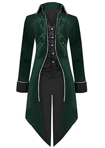 Image of Sangdut Men’s Medieval Steampunk Tailcoat Jacket, Male Victorian Renaissance Gothic Retro Vintage Embroidery Coat Halloween Party Cosplay Pirate Vampire Gentleman Costumes for Adult (Green, S)