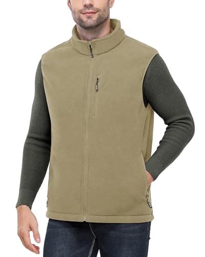 Image of Outdoor Ventures Men's Full-Zip Lightweight Fleece Gilet Body Warmer Warm Windproof Vest Outerwear with 5 Pockets Sleeveless Jacket Casual Breathable Running Vest for Hiking Light Brown M