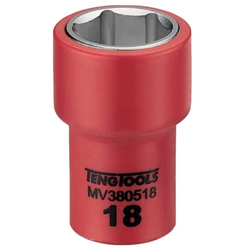 Image of Teng Tools 3/8 Inch Drive 18MM Metric 6 Point 1000 Volt Shallow Insulated Socket | Electricians Tool | Insulated Tool | Electrical Tool - MV380518