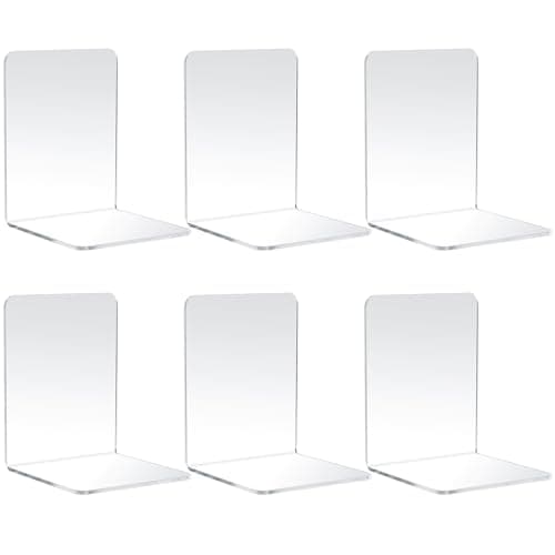 Image of 6 Pcs Acrylic Book Ends - Clear Non-Skid Heavy Duty Book Stoppers for Shelves, Home Office Desk & Bookshelf Organizer