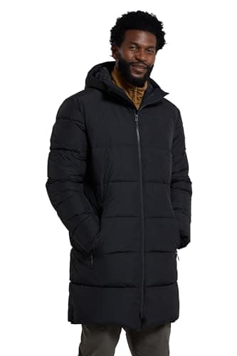 Image of Mountain Warehouse Vortex Mens Longline Padded Jacket - Water-resistant & Thermal tested -30 °C Puffer Coat with Front Pockets - Best for Camping & Outdoors Jet Black S