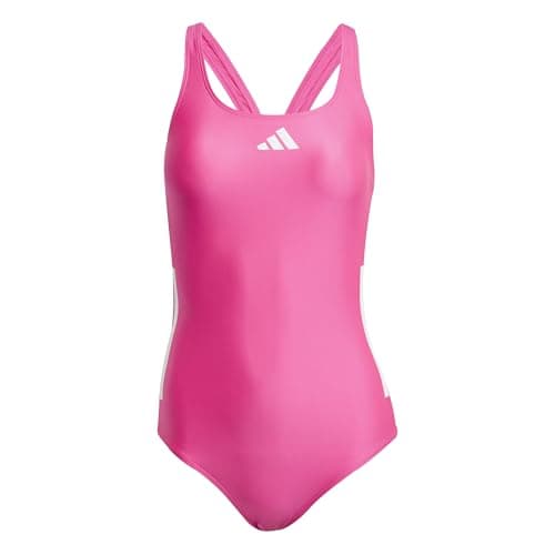 Image of adidas Women's 3 Stripes C-Back Swimsuit, Shock Pink/White, 34