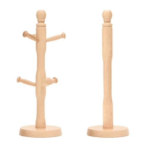 Image of Mug Tree and Kitchen Roll Holder Set - Premium Hevea Free Standing Wood Mug Tree and Paper Towel Holder – Mug Stand Holder Rack with 6 Hooks