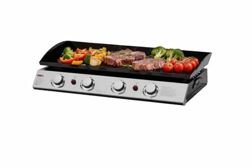 Image of Huge 4 Burner Gas Plancha BBQ Grill with Black Enamelled Griddle, Gas Regulator & Cover, Stainless Steel, 77.5cm x 34.5cm cooking area, 4 x 2.5kw Burners