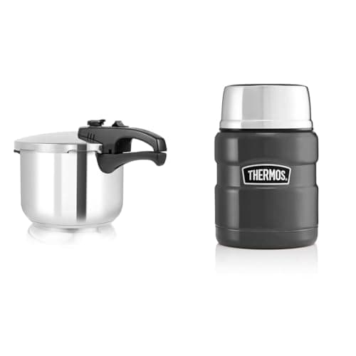Image of Tower T80244 6L/22cm Pressure Cooker with Steamer Basket, Stainless Steel, Silver & Thermos Food Flask, Gun Metal, 9.4 x 9.4 x 14.2 cm
