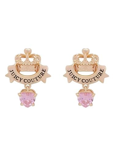 Image of Juicy Couture Crown & Crystal Heart Drop Earrings for Women (Gold/Pink Crystal)