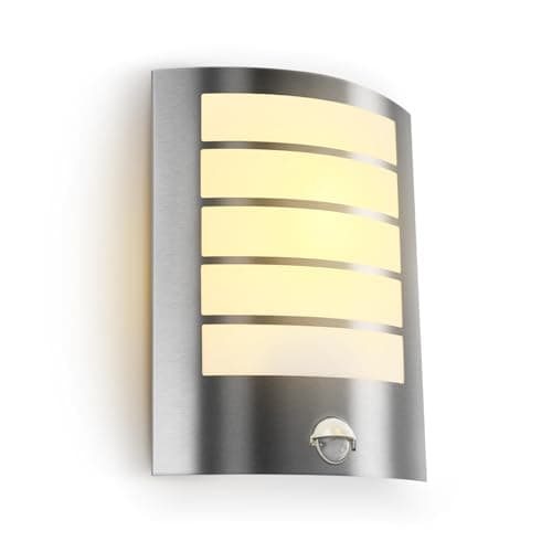Image of Kerry PIR Outdoor Wall Light, Outside Front Door Lighting Mains Powered Waterproof IP44 Exterior Lamp, Curved Stainless Steel Security Light with Motion Sensor, E27 Sconce for Porch (Bulb Excl.)