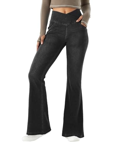 Image of LaiEr Women V Crossover High Waist Tummy Control Casual Fitness Skinny Yoga Pants, Faux Denim Print Women's Bootcut Yoga Pants, Flared Fitness Trousers with Side Pockets(Blacks)