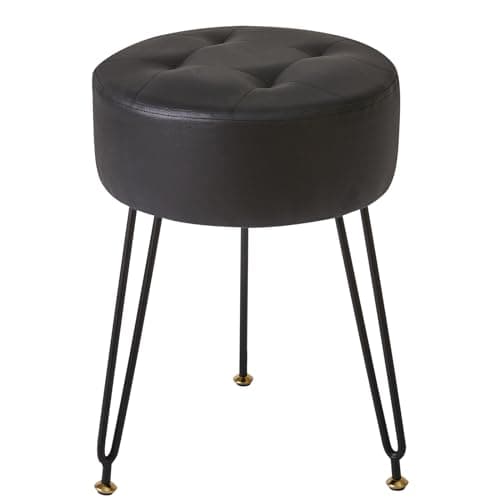 Image of IBUYKE Faux Leather Round Footrest Stool, Makeup Vanity Stool Side Table, PU Dressing Table Seat, Pouf Couch Stool, Golden Steel Legs, Black L/G-31B