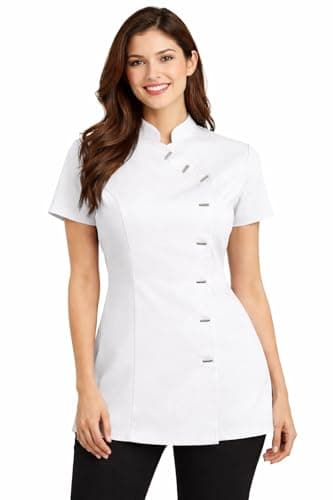 Image of IBEX Black Beauty Tunic for Women – Spa & Salon Uniform, Beautician & Nail Technician Workwear, Massage Therapist Top, Asymmetric Button, Mandarin Collar, White, 14