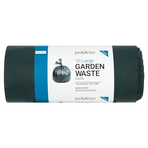 Image of Polylina - Garden Waste Bags 90 Litre, 10 Tie Handle Large Bin Bags Refuse Sacks, Extra Thick, Made with Recycled Plastic