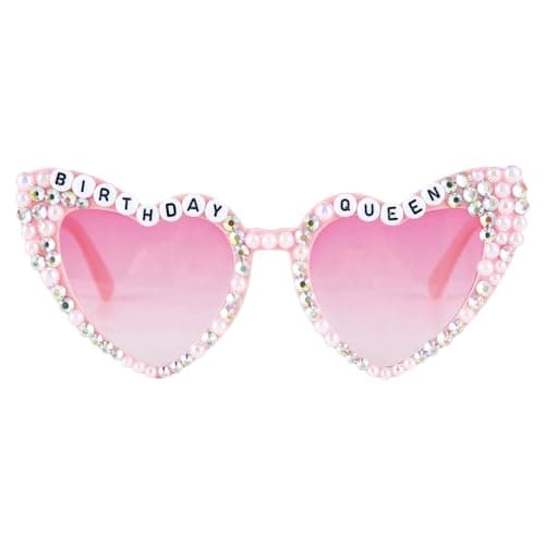Image of Birthday Glasses Pink Heart Sunglasses for Women Girls Shiny Bling Diamond Pearl Sunglasses Heart Shaped Birthday Party Gift Supplies Cute Accessories Photo Props Sparkling Decoration Favors (pink-B)
