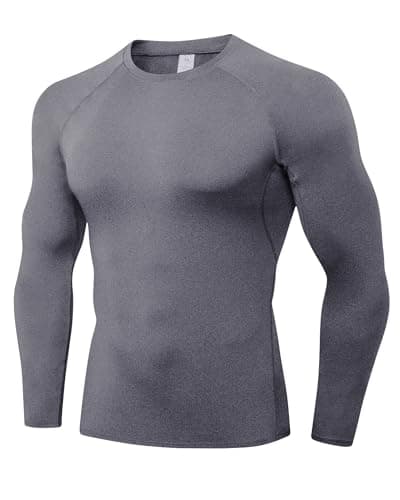 Image of Yuerlian Grey Men's Compression Shirt Long Sleeve Breathable Athletic Workout Top Running Gym Base Layers T-Shirt for Sports Training Soccer Ski