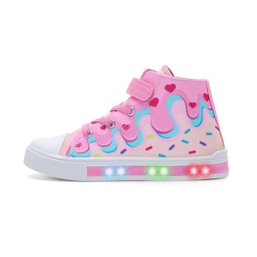 Image of Kids Light Up Trainers, Girls Boys High Top Shoes Flashing Sneakers Toddler Easy On Canvas Shoes Pink Cake Size 10 UK Child