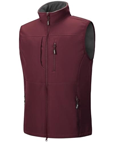 Image of Outdoor Ventures Men's Softshell Gilets Windproof Lightweight Vest Outerwear with 7 Pockets, Warm Fleece-Lined Sleeveless Jacket for for Golf Running Hiking Dark red M