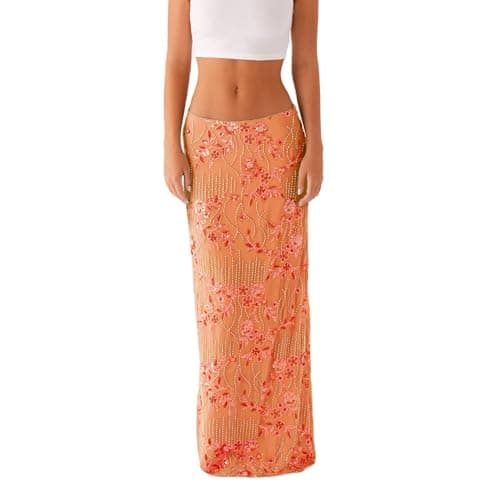 Image of FeMereina Women Y2K Sequin Long Skirt Sparkle Rhinestone Floral Maxi Skirt High Waist Glitter Midi Skirt Going Out (Orange, M)